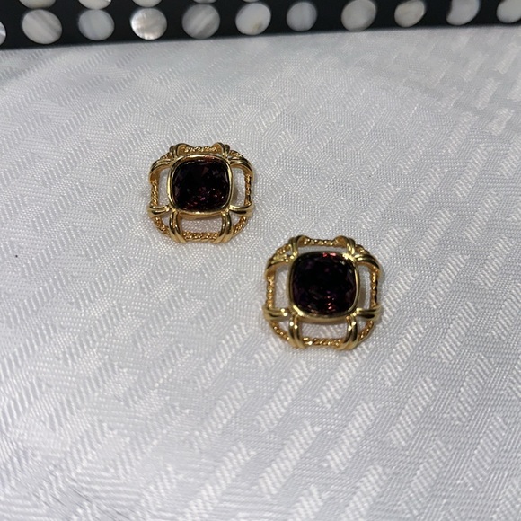 Swarovski Crystals Earrings clip-on vintage amethyst gold rope trim - Picture 6 of 6